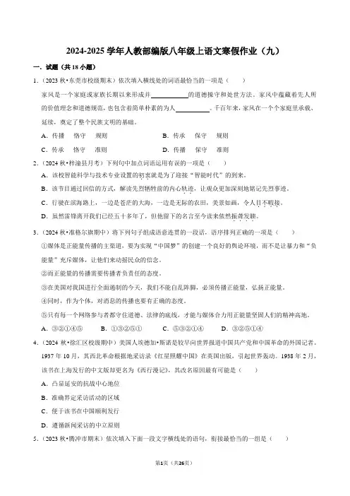 2024-2025学年人教部编版八年级上语文寒假作业(九)