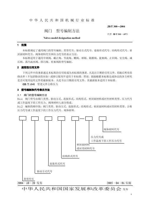 JB T308-2004阀门 型号编制方法