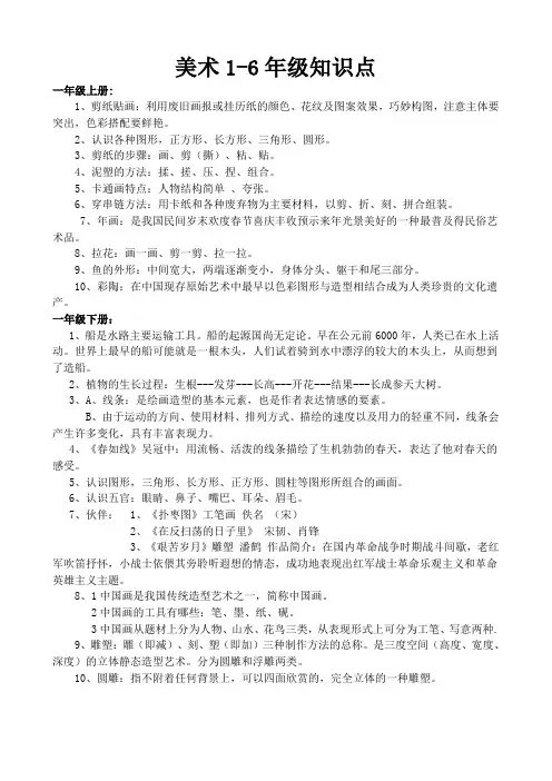 人民美术出版社美术1---6年级知识点复习