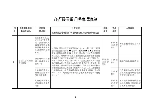 齐河县保留证明事项清单