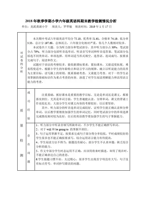 2018秋 六年级英语期末考试试卷分析
