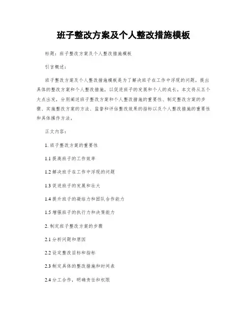 班子整改方案及个人整改措施模板