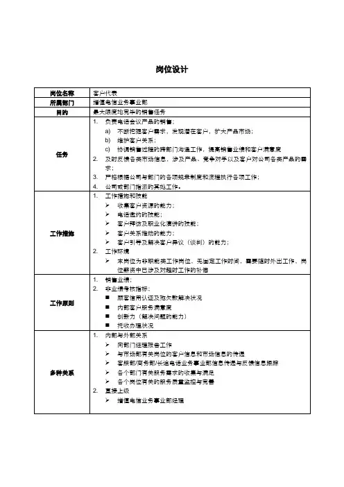 增值电信业务事业部客户代表岗位专项说明书