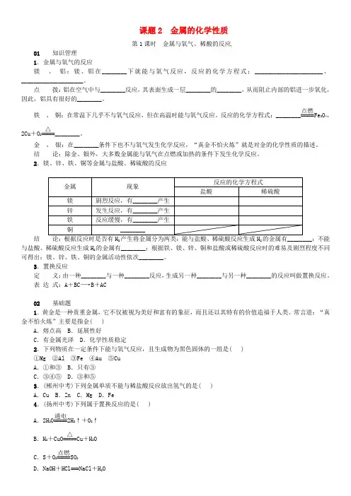 九年级化学下册第八单元金属和金属材料课题金属的化学性质同步练习新版新人教版