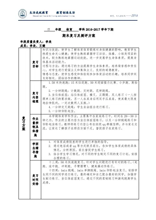 下期四年级体育期末复习测评计划