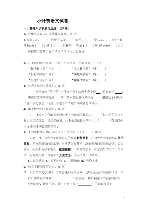 2017年小升初语文试卷及答案