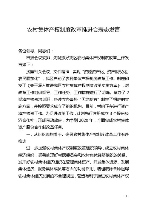农村集体产权制度改革推进会表态发言