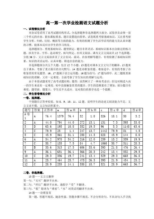 高一第一次学业检测语文试卷分析