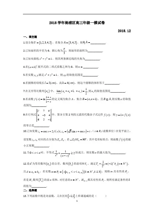 2018学年杨浦区高三年级一模试卷