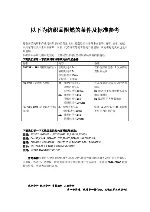 以下为纺织品阻燃的条件及标准参考