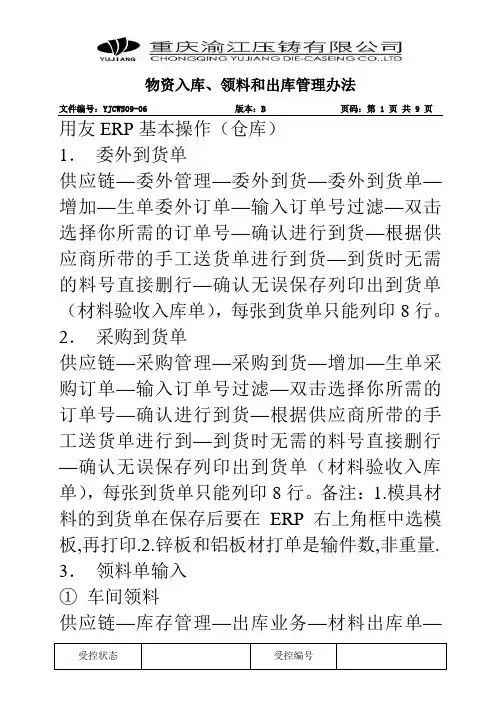 用友ERP基本操作(仓库)---物资入库、领料和出库管理办法