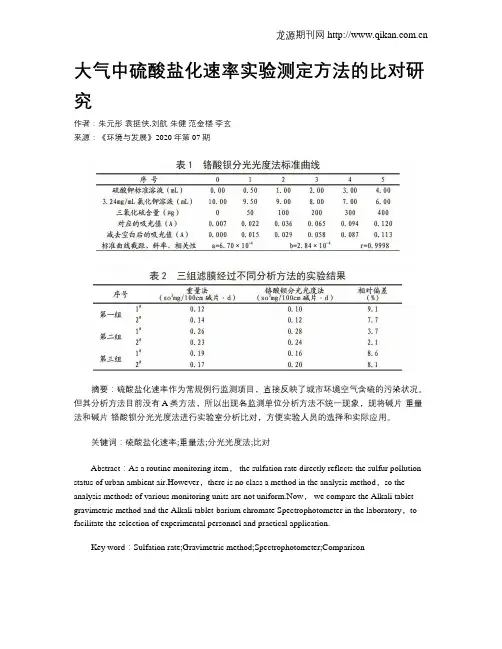 大气中硫酸盐化速率实验测定方法的比对研究