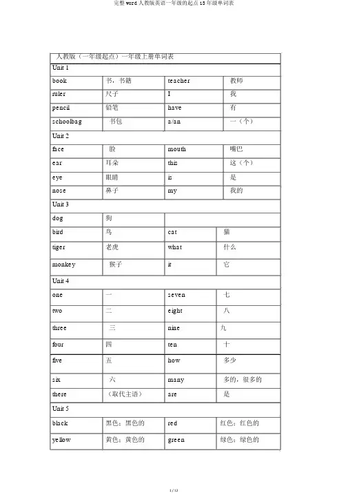 完整word人教版英语一年级的起点13年级单词表