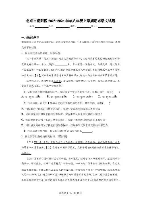北京市朝阳区2023-2024学年八年级上学期期末语文试题(含答案解析)