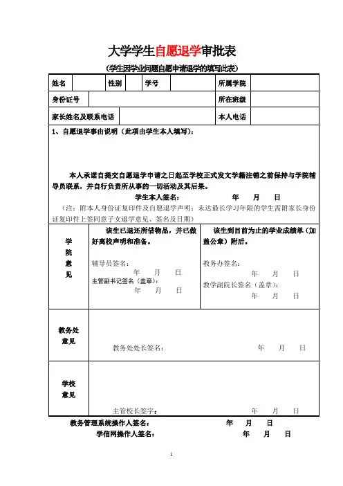 大学学生自愿退学审批表(学生因学业问题自愿申请退学的填写此表)