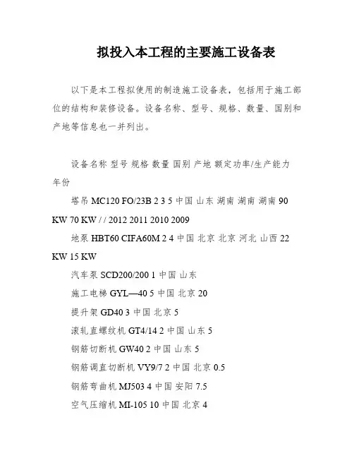 拟投入本工程的主要施工设备表