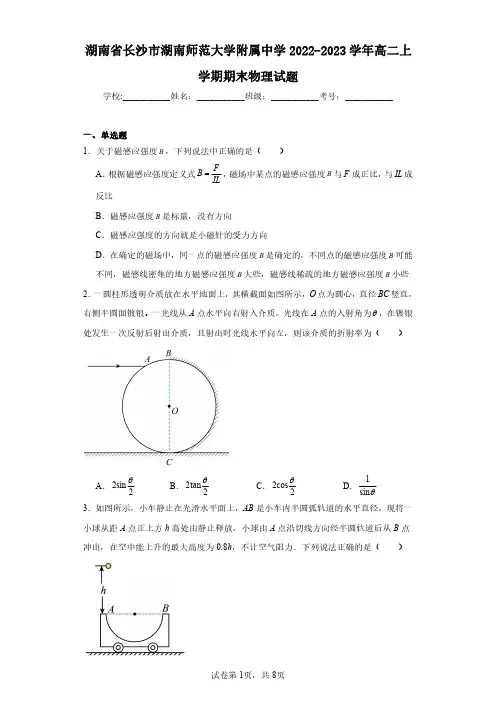 湖南省长沙市湖南师范大学附属中学2022-2023学年高二上学期期末物理试题(含答案解析)
