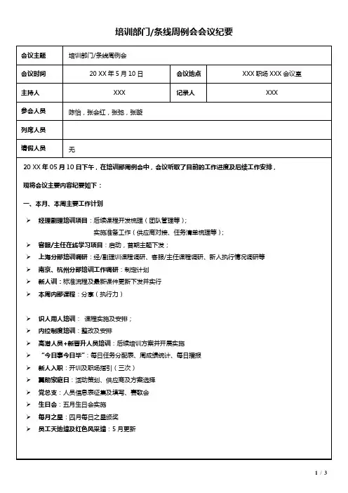 周例会会议纪要模板