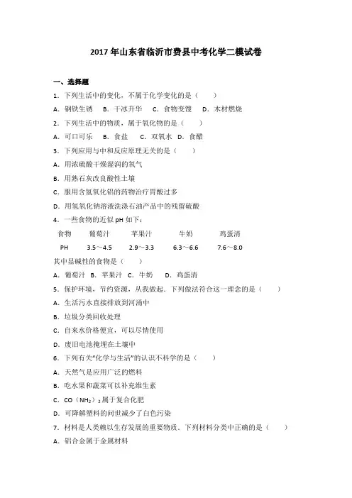 山东省临沂市费县2017届中考化学二模试卷(解析版)