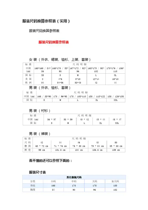 服装尺码换算参照表（实用）
