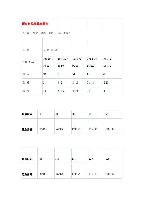 各种衣服尺码对照表
