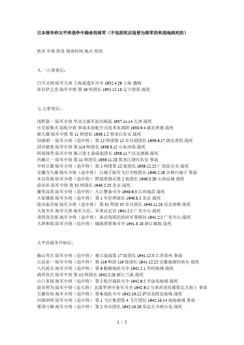 侵华和太平洋战争中毙命的日本将军