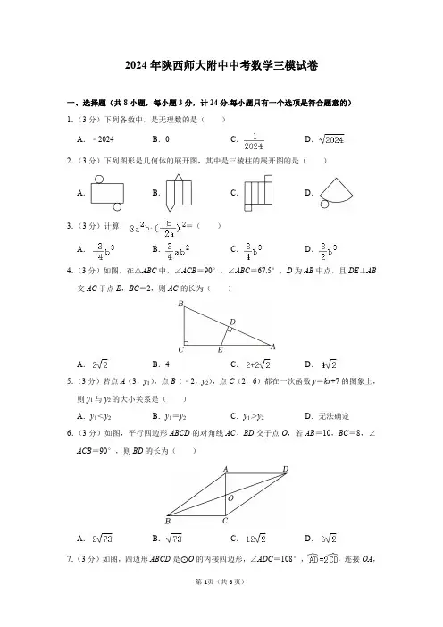 2024年陕西师大附中中考数学三模试卷及答案解析