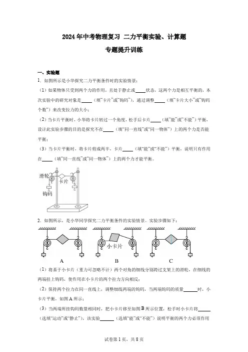 2024年中考物理复习二力平衡实验、计算题专题提升训练