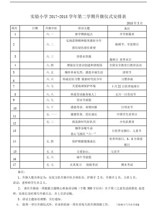 -2018第二学期升旗仪式安排表