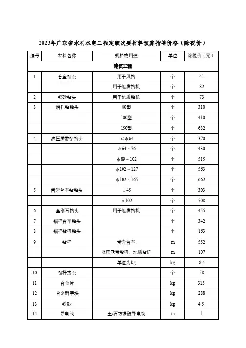 2023年广东省水利水电工程定额次要材料预算指导价格及房屋建筑工程造价指标指导价格