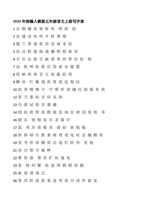 2020年部编人教版五年级语文上册写字表形近字组词