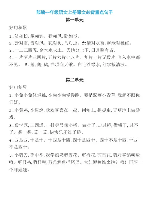 部编一年级语文上册课文必背重点句子