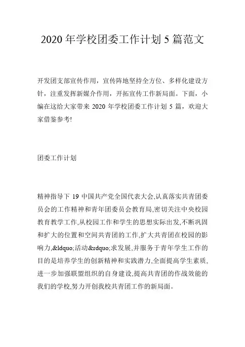 2020年学校团委工作计划5篇范文