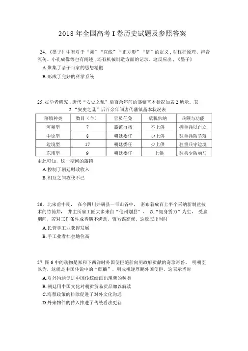 2018年全国高考I卷历史试题及参考答案