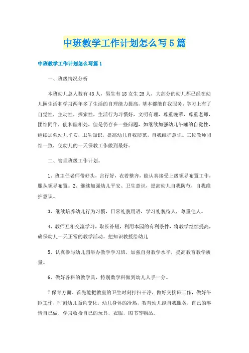 中班教学工作计划怎么写5篇