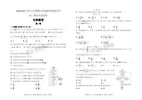 2016-2017学年上学期四川省成都市树德中学高二期末考试试卷 文科数学