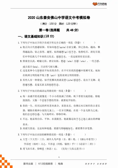 2020山东泰安佛山中学语文中考模拟卷