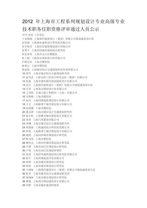 2012年上海市工程系列规划设计专业高级专业技术职务任职资格评审通过人员公示