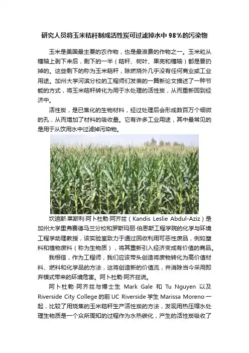 研究人员将玉米秸秆制成活性炭可过滤掉水中98％的污染物