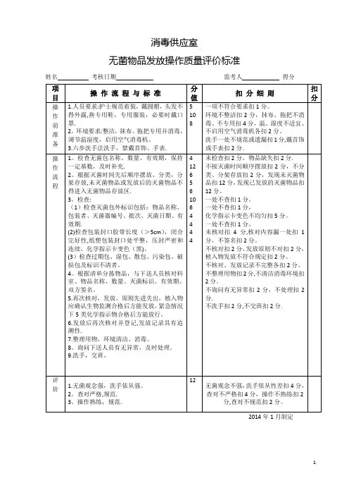 无菌物品发放操作质量评价标准