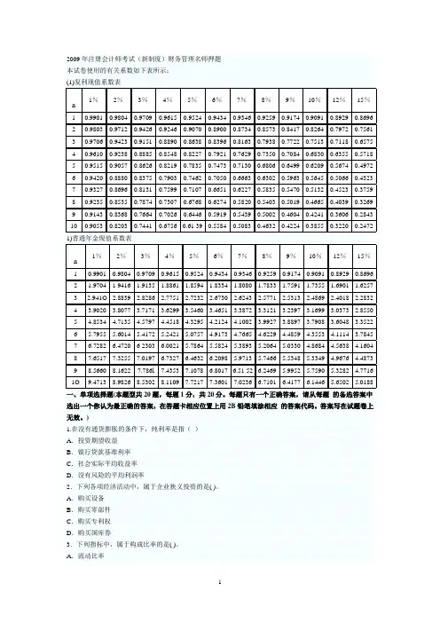 2009年注册会计师考试财务成本管理试题1