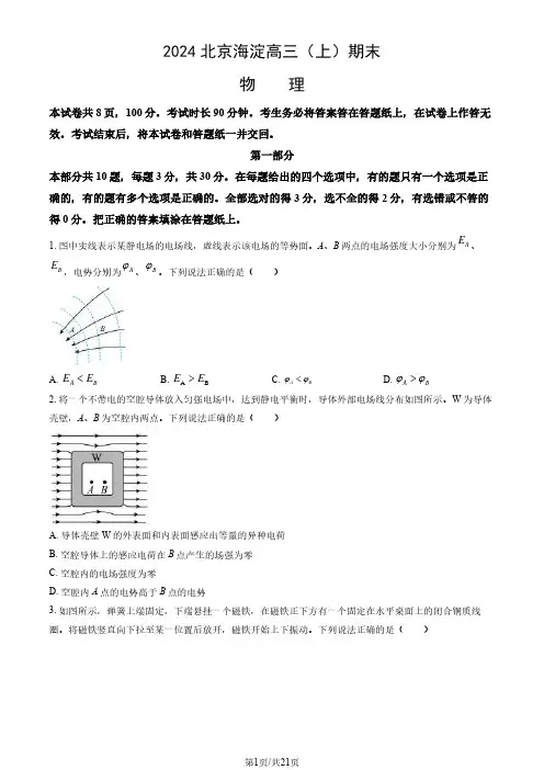 2024北京海淀高三(上)期末物理(教师版)