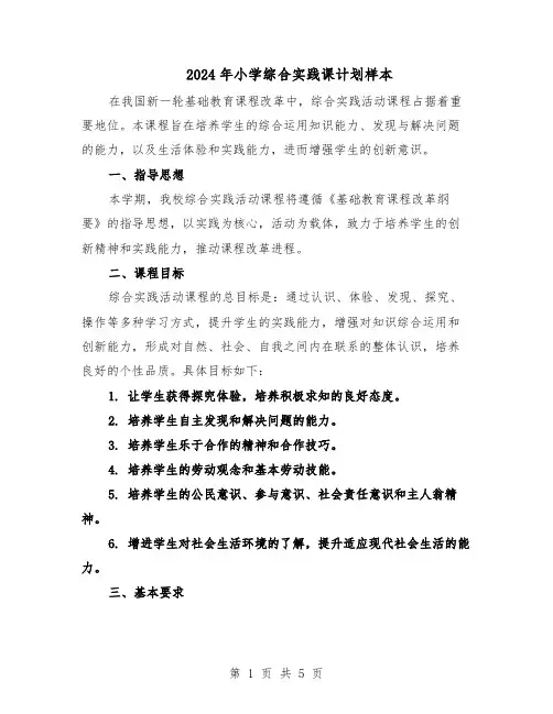 2024年小学综合实践课计划样本（三篇）
