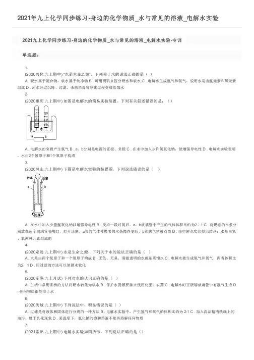 2021年九上化学同步练习-身边的化学物质_水与常见的溶液_电解水实验