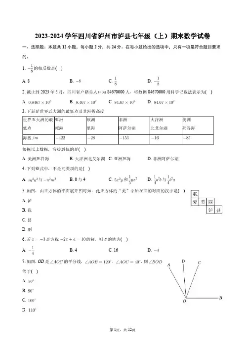 2023-2024学年四川省泸州市泸县七年级(上)期末数学试卷+答案解析