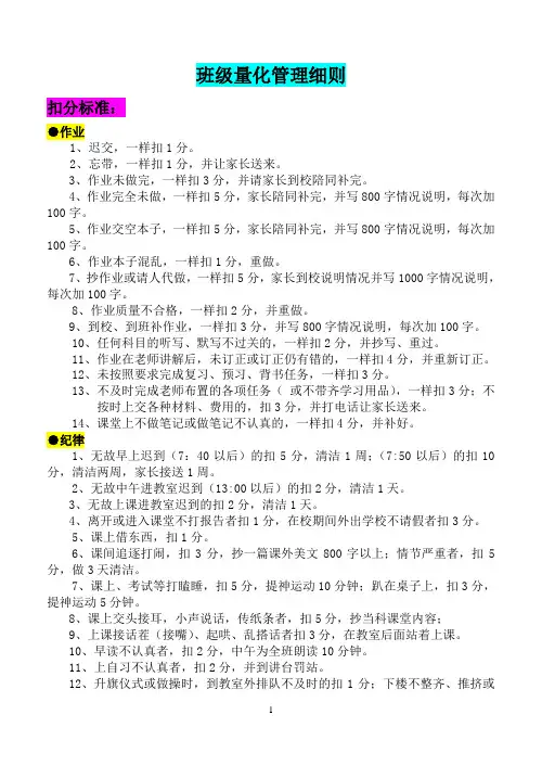 初中班级管理量化细则