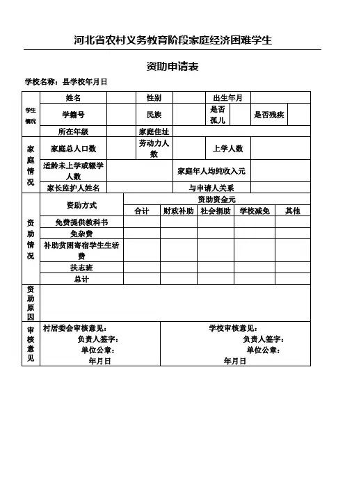 河北省农村家庭经济困难学生资助申请表