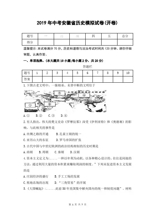 2019年中考安徽省历史模拟试卷(含答案)
