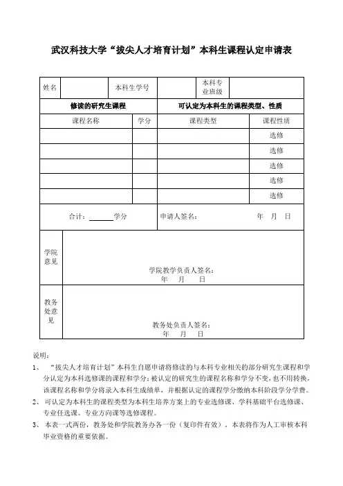 武汉科技大学拔尖人才培育计划本科生课程认定申请表