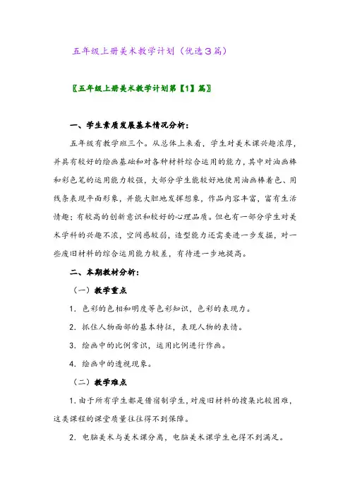 2023年五年级上册美术教学计划(优选3篇)